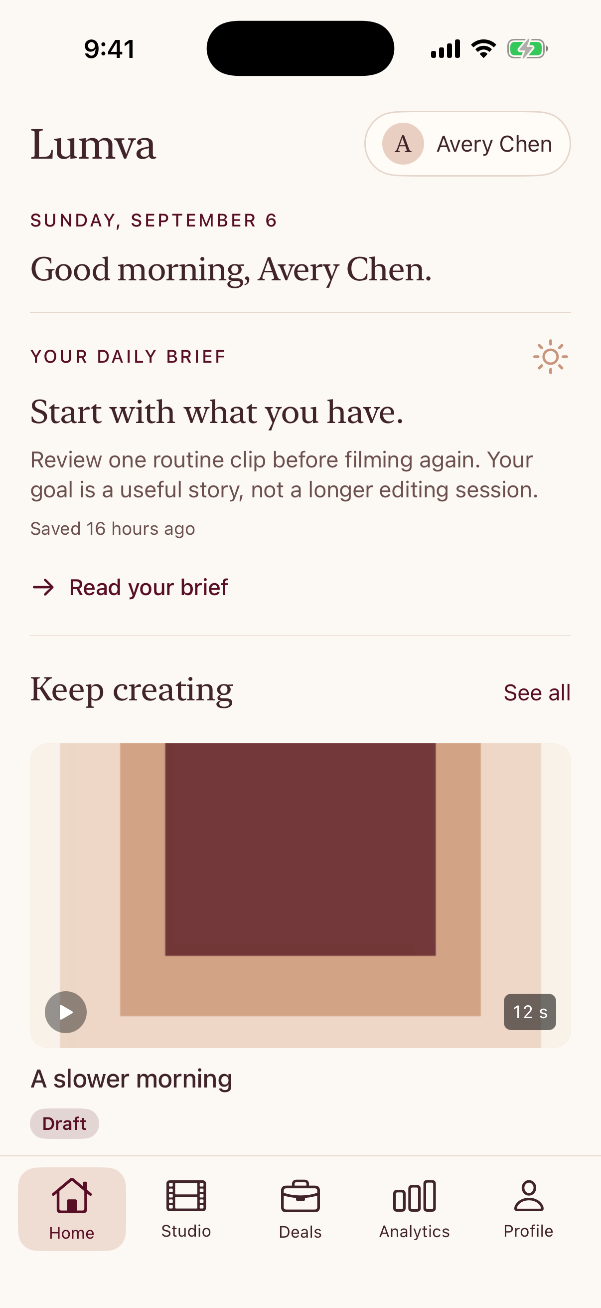 Lumva Home screen showing a daily brief and a saved draft, from the current Lumva website.